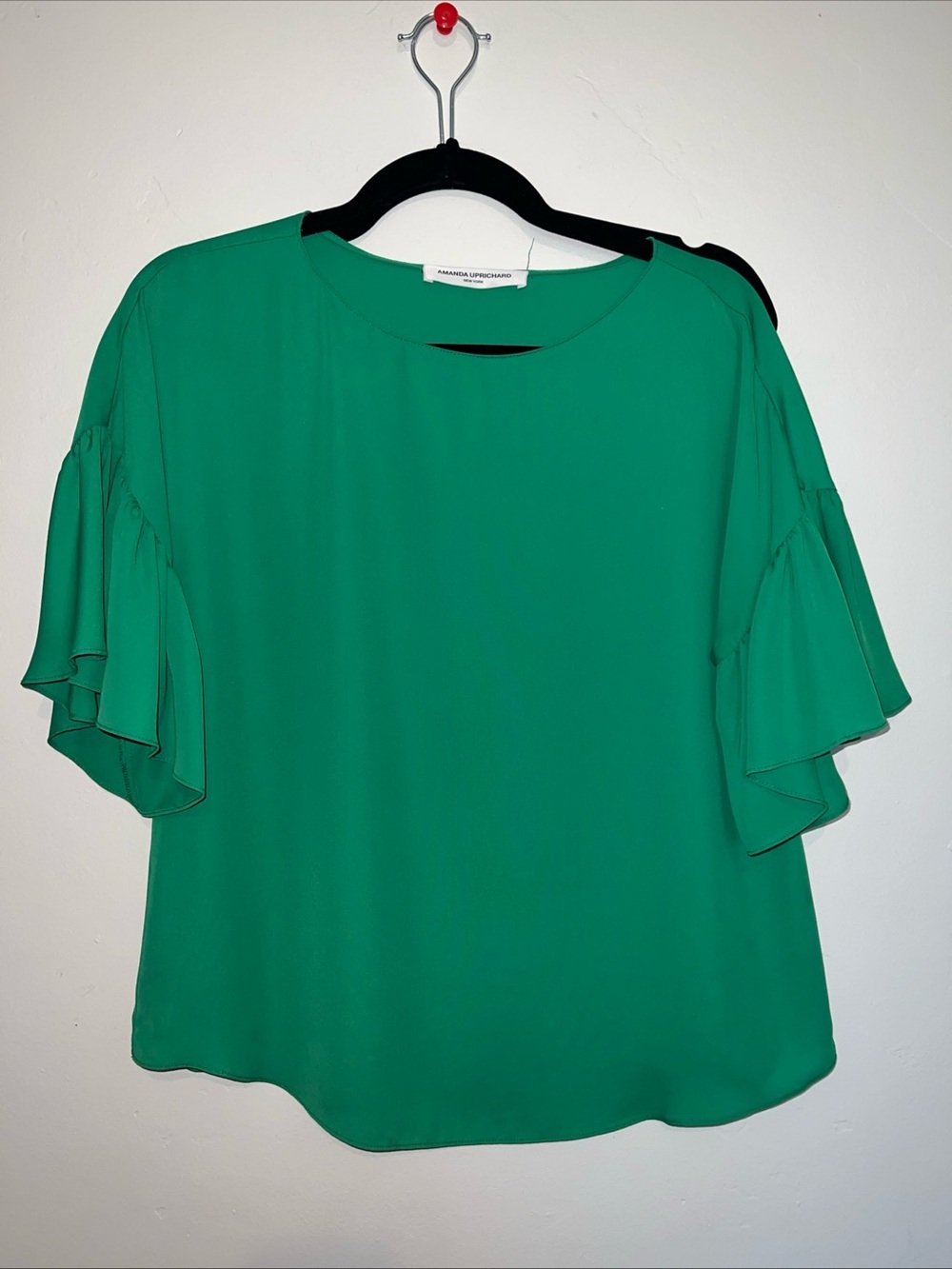 Amanda Uprichard Women’s Silky Flutter Sleeve Blouse Top Green Excellent Small